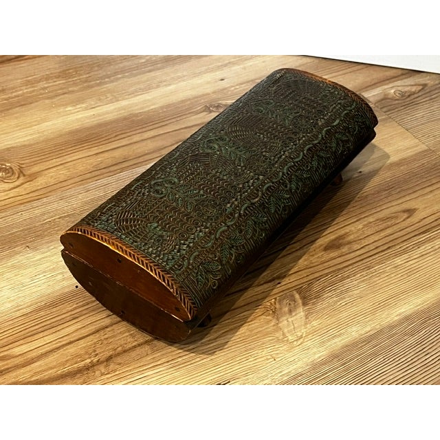 This is a vintage wood and brass decorated box, similar to a Qalamdan pen boxe or jewelry box. Design Details: The item...