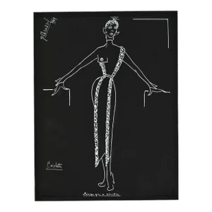 1949 French Mid-Century Couture Fashion Drawing Signed, Dated, With Documentation, Matted