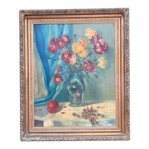 1950s Antique Cesare Ricciardi Oil on Canvas Floral Still Life Painting, Framed