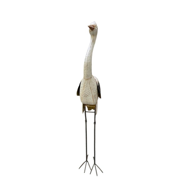 Off-white Vintage Hand-Painted Sheet Metal Crane Garden Sculpture For Sale - Image 8 of 12
