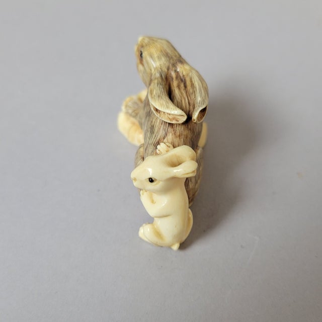 Japanese Carved Bone Rabbit Netsuke With Mother and Baby, Signed For Sale - Image 4 of 8