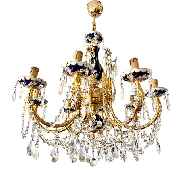 Large Blue Ceramic Chandelier with Crystal Pendants For Sale