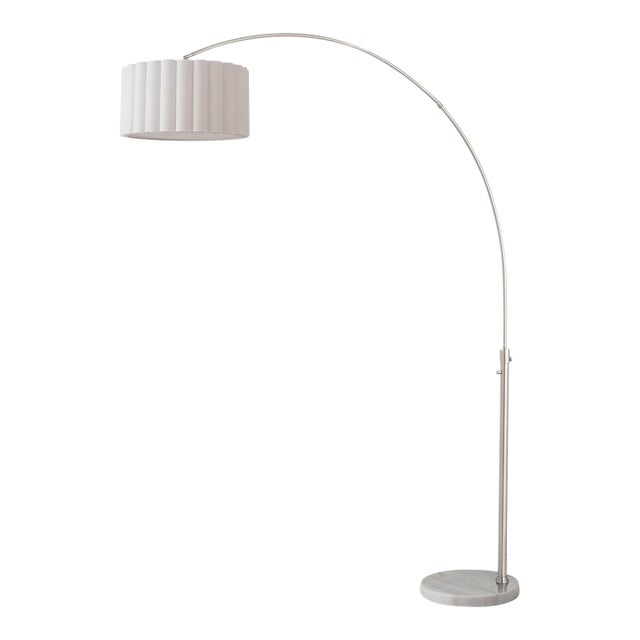 1960s Scallop 92" Arc Floor Lamp, Satin Nickel, White Marble Base, Linen Shade For Sale