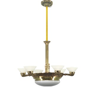 Art Deco Brass Chandelier with Glass Shades, Czechoslovakia, 1930s For Sale