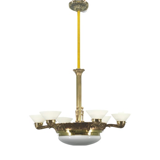 Art Deco Brass Chandelier with Glass Shades, Czechoslovakia, 1930s For Sale