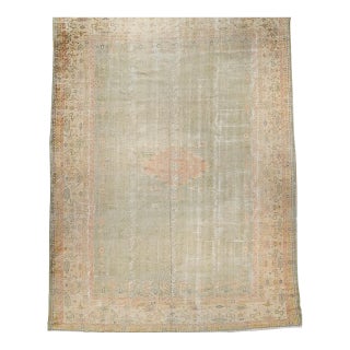 Vintage Turkish Oushak Hand-Knotted Rug in Open Geometric Pattern in Pale Green, Yellow, Pink For Sale
