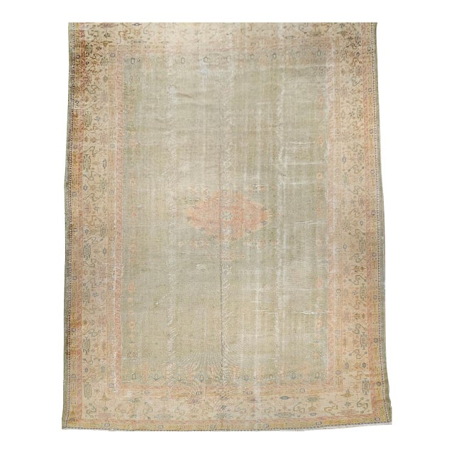 Vintage Turkish Oushak Hand-Knotted Rug in Open Geometric Pattern in Pale Green, Yellow, Pink For Sale