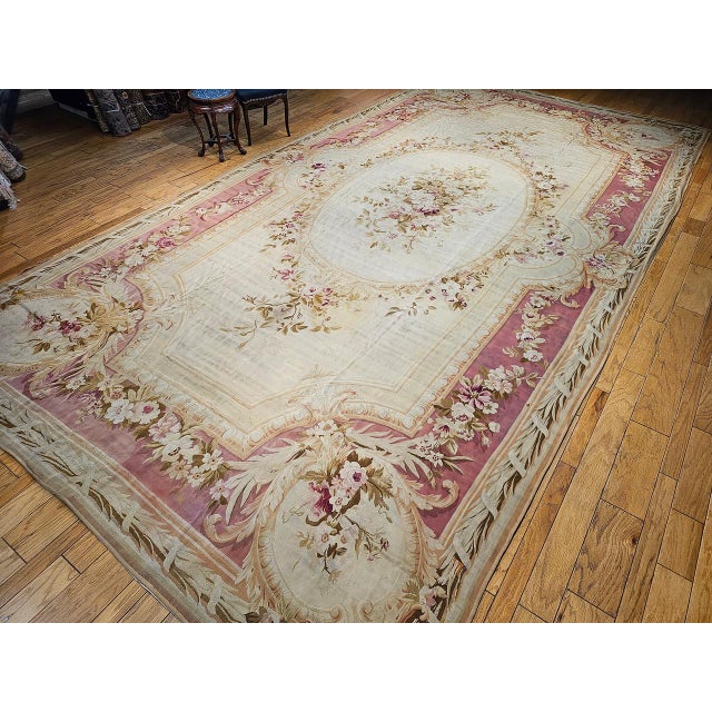 Textile Antique French Aubusson Rug, Handwoven Wool, Floral Pattern, Ivory & Pale Green, 12' X 18' For Sale - Image 7 of 17