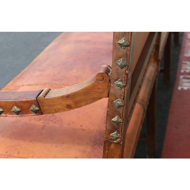 Early 20th Century Early 20th Century Spanish Colonial Style Carved Wood and Tooled Leather Long Bench For Sale - Image 5 of 18