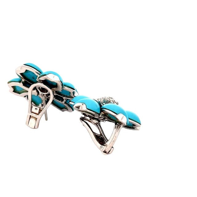 Circa 1980s Italian 18K White Gold Persian Turquoise & Diamond Floral Earrings For Sale - Image 4 of 9