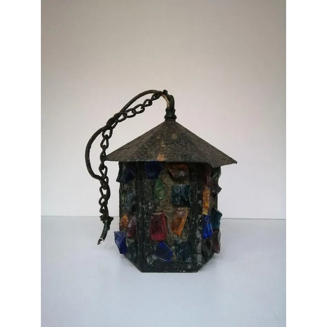 Rustic English Arts & Crafts Glass, Lead & Hammered Sheet Metal Porch Lantern by Peter Marsh, 1950s For Sale - Image 3 of 18