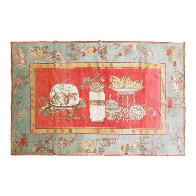 Early 20th Century Khotan Wool Vase Design Watermelon Antique Rug For Sale