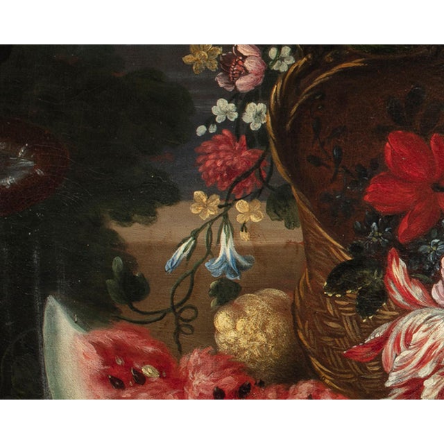 Unknown, Roman Maestro, Still Life with Parrot, Fruit, Flowers and Metal Jug on a Cloth, 1800s, Oil on Canvas, Framed For Sale - Image 4 of 12