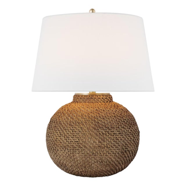 Marie Flanigan by Visual Comfort Signature Avedon Small Table Lamp in Natural Rattan with Linen Shade For Sale