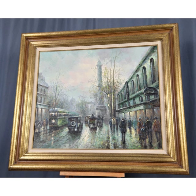 1970s 1970s J. Gaston Signed Painting of Paris Street Scene With Street Cars & Figures For Sale - Image 5 of 13