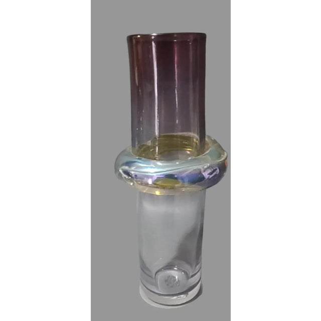 Mid-Century Modern Mid-Century-Modern Hand-Blown Studio Art Glass Iridescent Ring Vase For Sale - Image 3 of 5