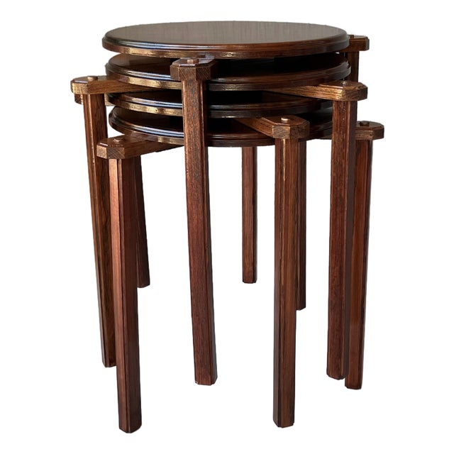Circa 1970 Mahogany Wood Circular Stacking Tables in the Manner of Bruno Rey or Alvar Aalto - Set of 4 For Sale