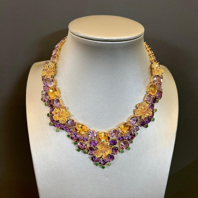 Gemstone Bochic "Capri" Amethyst, Emerald, Citrin & Sapphire Necklace Set 18K & Silver For Sale - Image 7 of 18