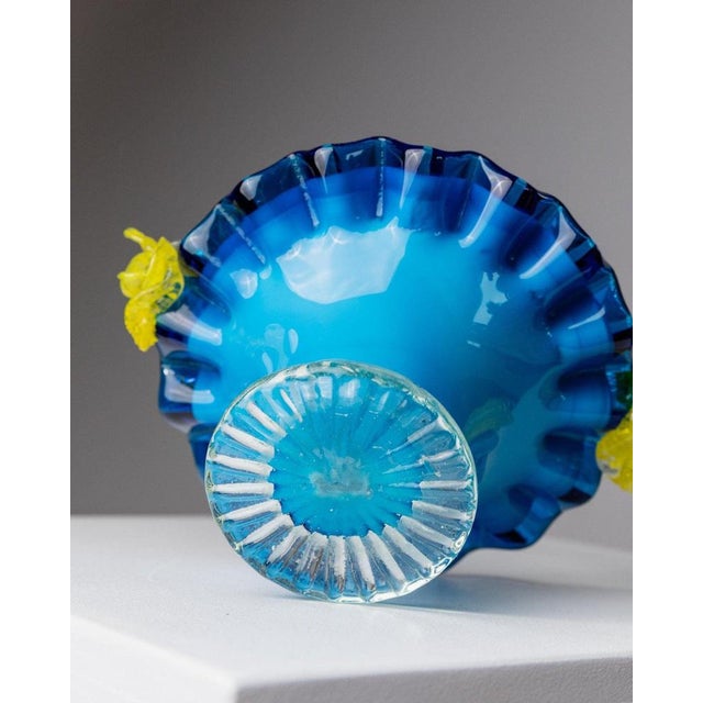 Mid-Century Blue and Yellow Murano Glass Bowl with Handle, Italy, 1970s For Sale - Image 10 of 13