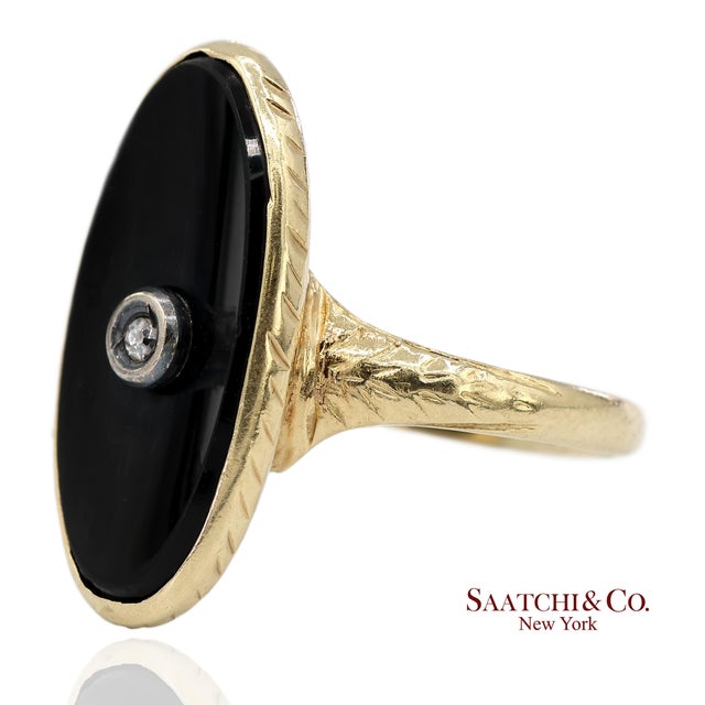14k Solid Yellow Gold Oval Black Onyx and Diamond Ring, Size 4.5 For Sale - Image 4 of 12