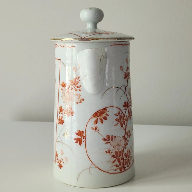 Japanese Antique Japanese Chocolate Pot Red Orange Floral Design Gilded Bamboo Handle For Sale - Image 3 of 11