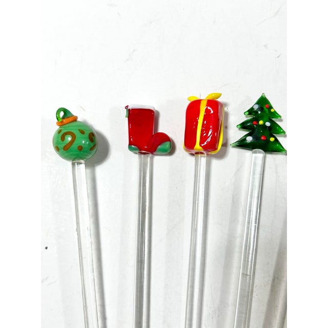 1990s Christmas Swizzle Sticks Stirs, Blown Glass With Original Box - Set of 6 For Sale - Image 5 of 9