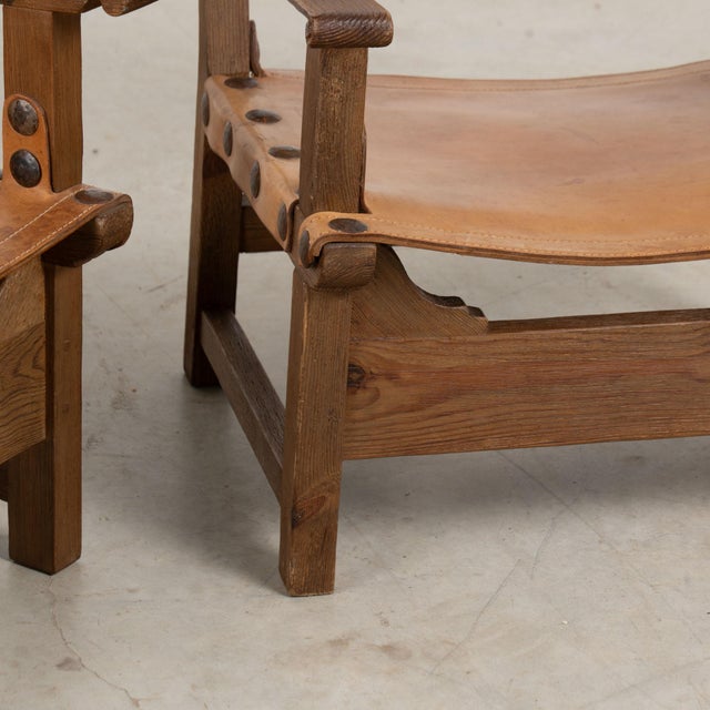Pair of Mid-Century Spanish Brutalist Cognac Leather Arm Chairs For Sale - Image 15 of 17