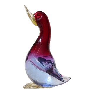 Vintage Murano Sommerso Red Purple Blue Gold Flecks Italian Art Glass Bird Figurine With Original Label For Sale