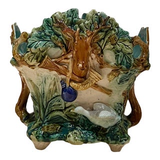 Late 19th Century French Majolica Jardinere With Hunting Scenes For Sale