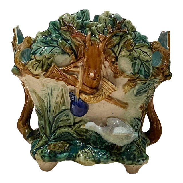 Late 19th Century French Majolica Jardinere With Hunting Scenes For Sale