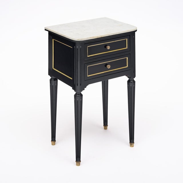 Pair of French Louis XVI Style Ebonized and Brass Marble-Top Side Tables For Sale In Austin - Image 6 of 9