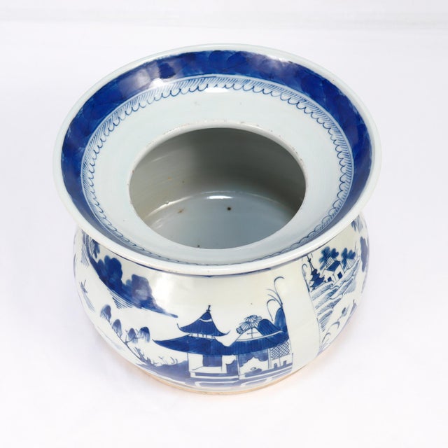Antique Chinese Export Blue & White Canton Porcelain Spittoon For Sale - Image 12 of 13