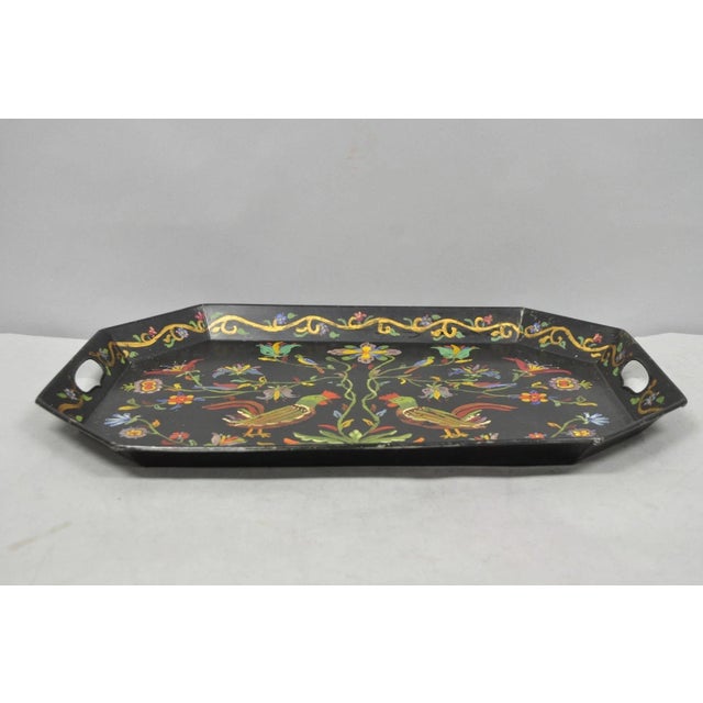 Vintage Lida Bell Clark French Country Pa Dutch Hand Painted Toleware Metal Tray For Sale - Image 10 of 16