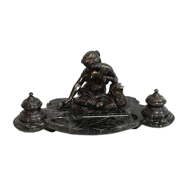 Double Inkwell in Silver-Plated Bronze & Sea Green Marble, 1900s For Sale