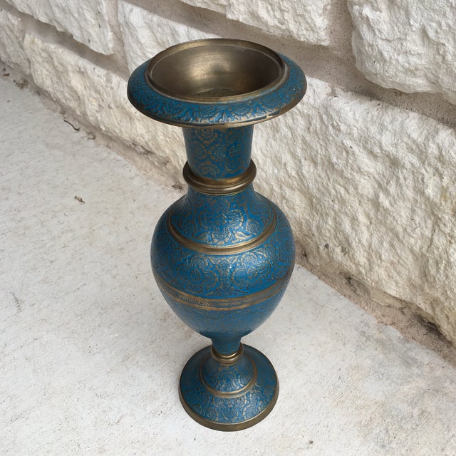 Vintage Bohemian Teal Enameled Brass Vase Chairish