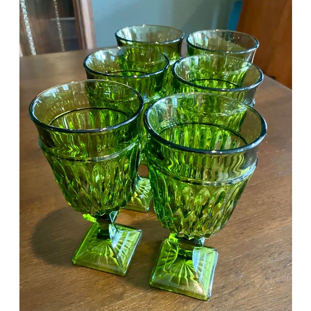 1960s Mid-Century Modern Avocado Green Diamond Point Goblets – Elegant Set of 6 For Sale - Image 10 of 14
