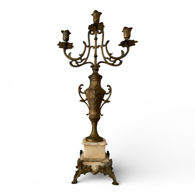 Italian Pair of Antique Italian Bronze Candelabras With Marble Bases – 25” Tall For Sale - Image 3 of 6