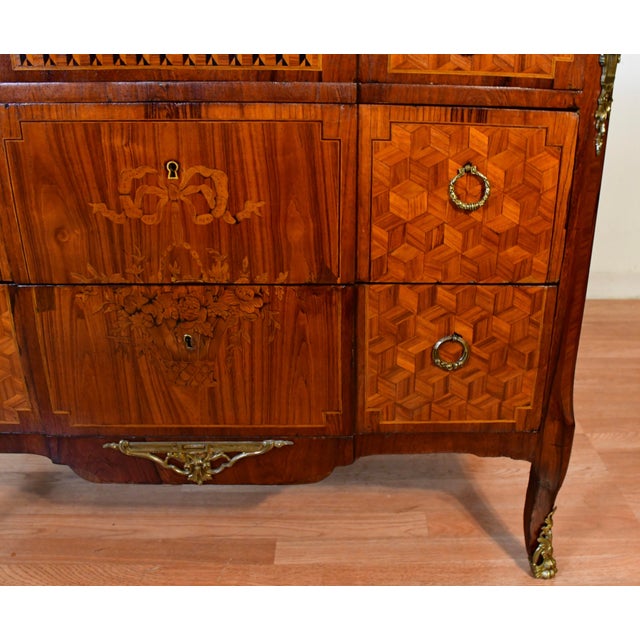 1890 Antique French Louis XV Marquetry Inlay Marble Top Dresser Chest of Drawers For Sale - Image 6 of 18