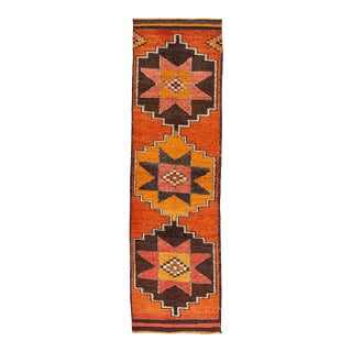 3 X 10 Vintage Turkish Wool Runner in Burnt Orange With Tribal Geometric Motifs For Sale