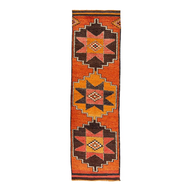 3 X 10 Vintage Turkish Wool Runner in Burnt Orange With Tribal Geometric Motifs For Sale