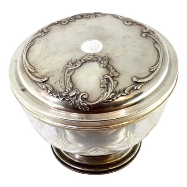 Cut Glass Candy Box with Silver Applications, Raised Lid and Circular Base For Sale