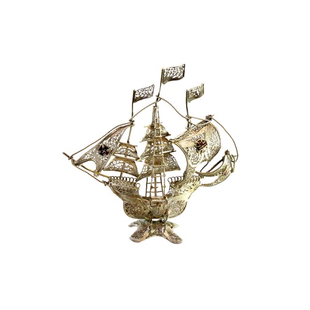 Silver Filigree Caravel with Flags and Portuguese Symbols For Sale - Image 9 of 9
