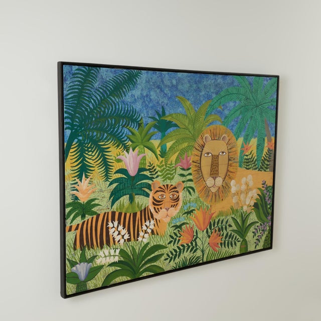 Enchanting acrylic painting on canvas of a tiger and a lion in a colorful jungle setting with flowers,executed in a...