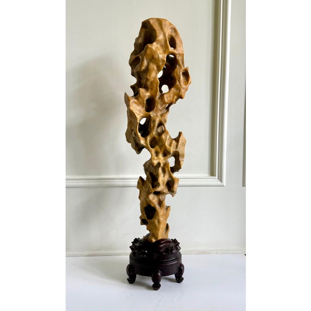 Tall Elegant Chinese Scholar Rock Yellow Taihu Stone on Wood Stand For Sale - Image 11 of 18