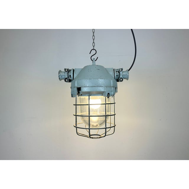 Industrial Grey Bunker Ceiling Light with Iron Cage from Elektrosvit, 1970s For Sale - Image 17 of 18