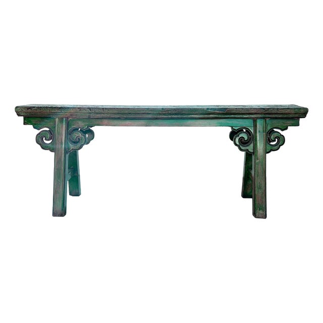 Distressed Brown Green Blue Village Slim Narrow Scroll Apron Wood Bench For Sale