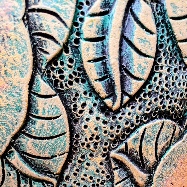 Ceramic 1980's Incised Turquoise Yellow Botanical Themed Hand-Thrown Studio Pottery Planter Vessel For Sale - Image 7 of 10