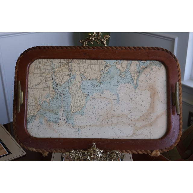 Brown Vintage SeaCraft Solid Mahogany Stamford Harbor Nautical Chart Tray For Sale - Image 8 of 18