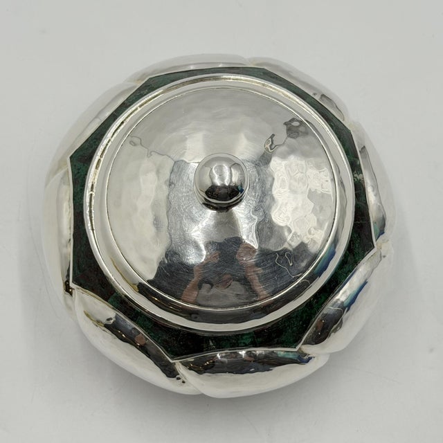 Los Castillo 1960s Los Castillo Taxco Silver Plate & Malachite Lidded Bowl, Mexican Modernism For Sale - Image 4 of 18