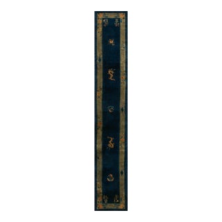 1920s Navy Dragon Floral Antique Chinese Peking Rug 2' 4'' X 14' 4'' Wool Knotted Carpet For Sale